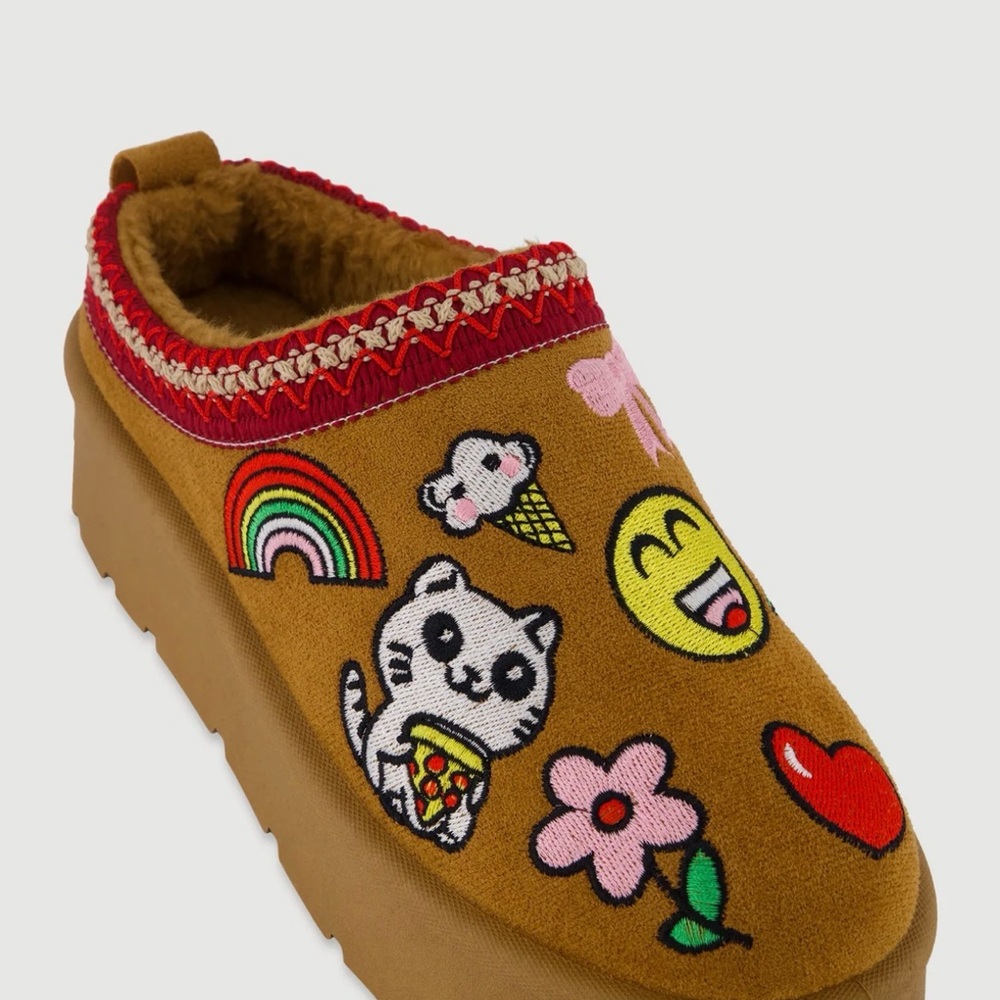 Embroidered Tan Mules with Fun Patches